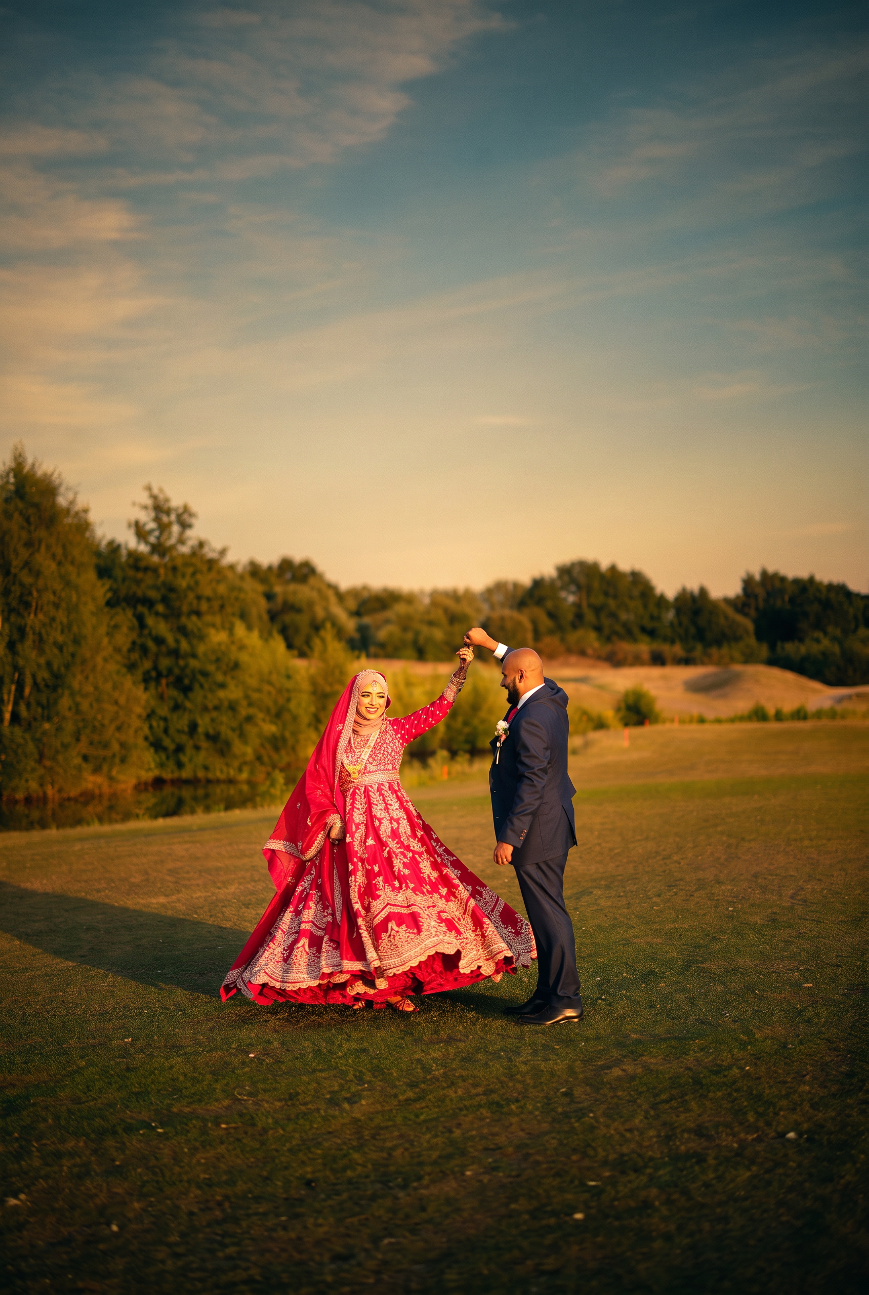 Bride twirling in red lehenga at golden hour with groom, cinematic edit