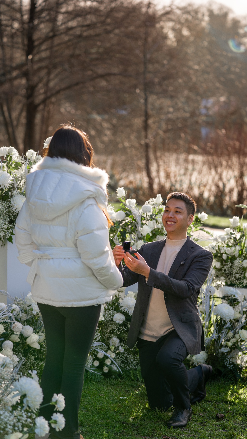Surprise proposal amongst white florals at golden hour, Birmingham